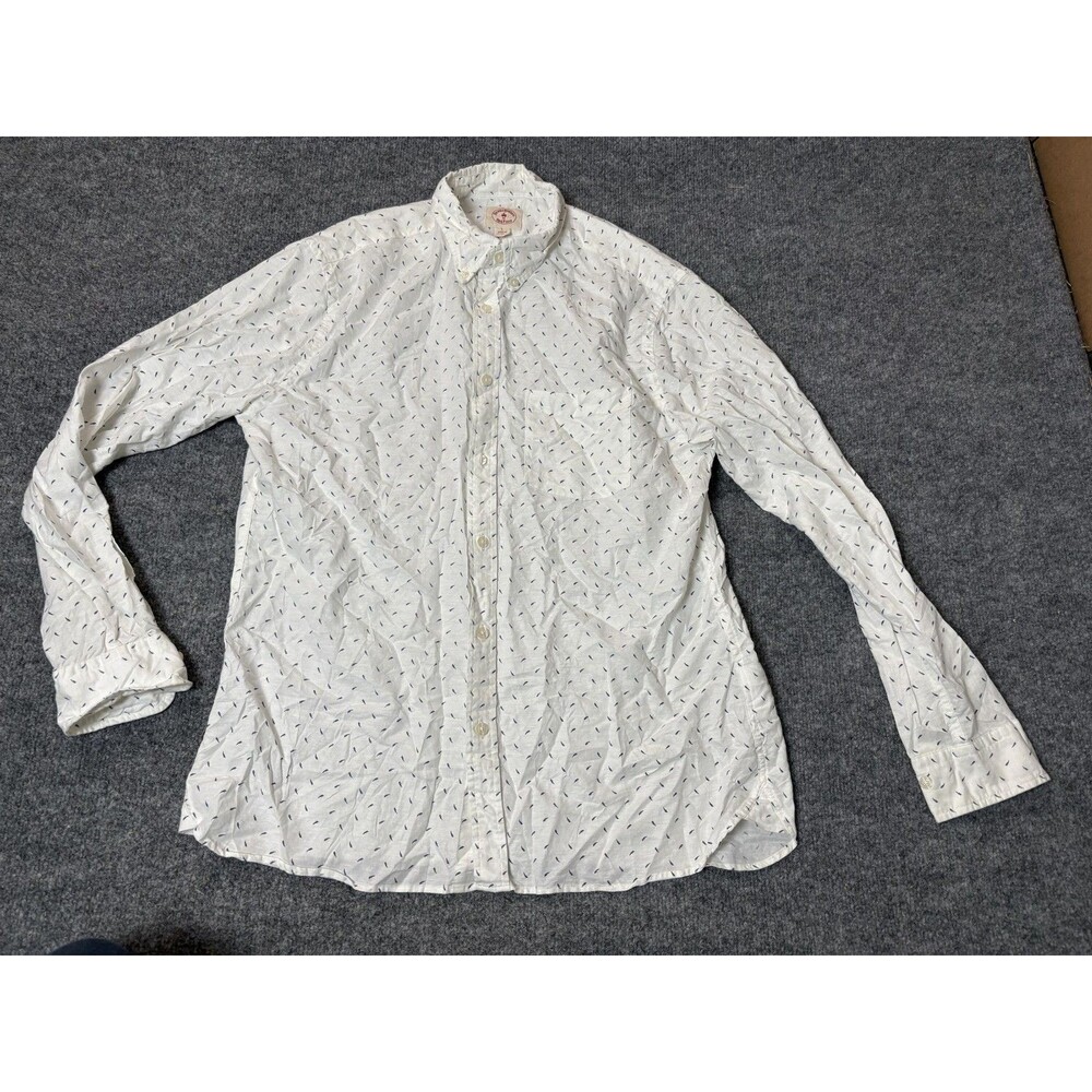 Brooks Brothers Red Fleece Shirt Mens L White Linen Cotton Print Button-Down